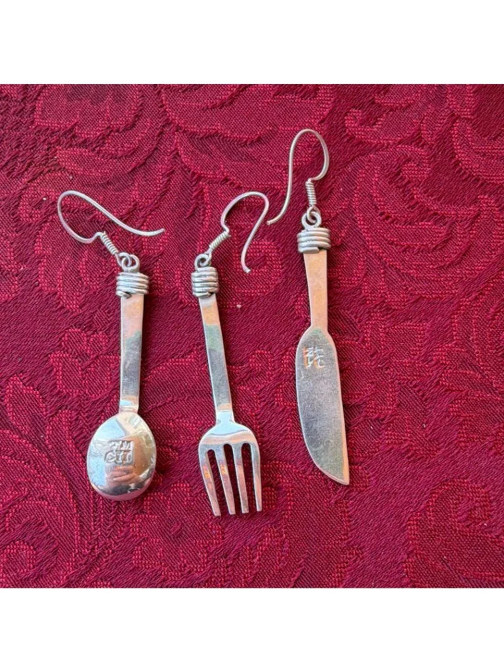 Vintage Taxco Mexico 925 Sterling Silver Cutlery Fork Spoon Knife Trio Earrings